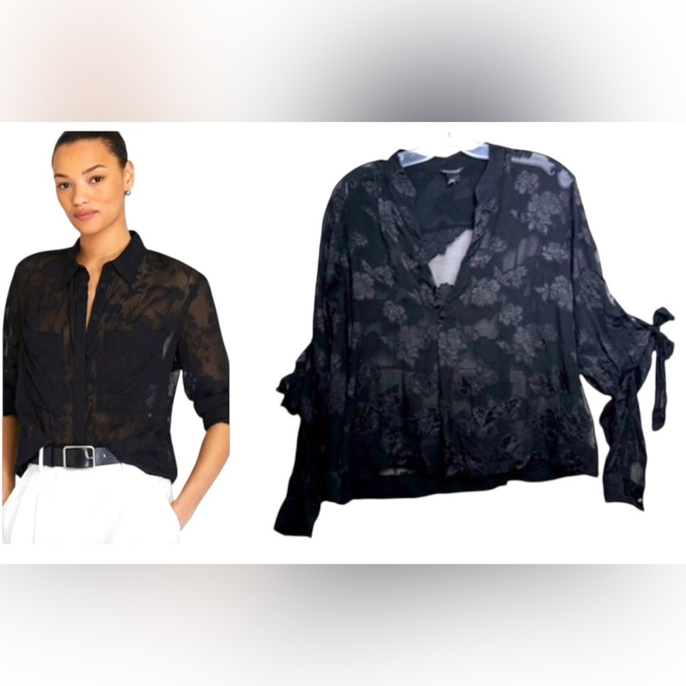 Club Monaco Sheer Floral Silk Sleeve Ties Blouse Witchy Goth Crop Button Black M